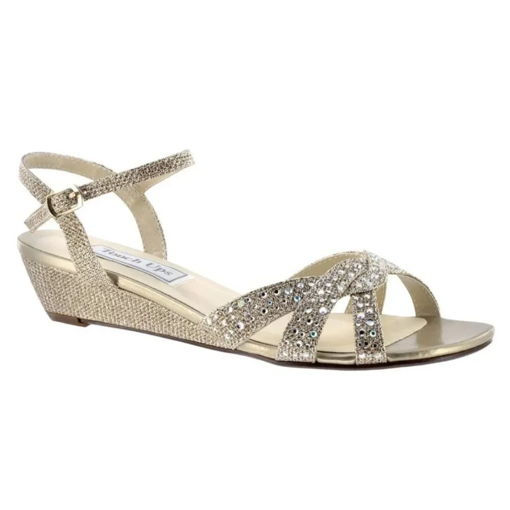 Benjamin Walk Lena Champagne Shimmer 7 1/2 Wide With Stones Low Wedge NWOB